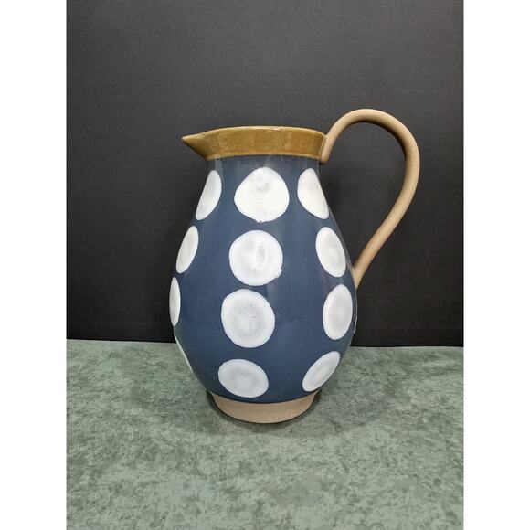 Stoneware Jug Blue with White Polka Dots & Terra cotta Color Handle by Mud Pie - Picture 1 of 4